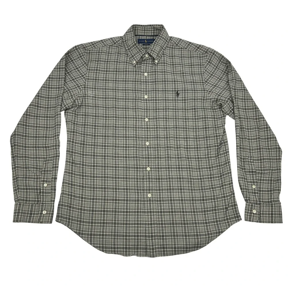 Ralph Lauren Button Down Shirt Men Large Gray Plaid Slim Fit Long Sleeve Cotton